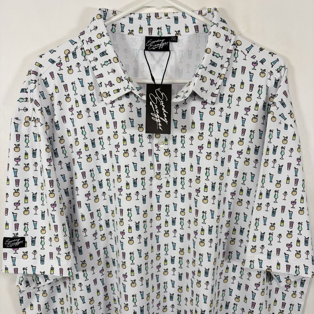 Sunday Swagger Golf Performance Polo Short Mens XXL 2XL White Cocktail AOP NWT